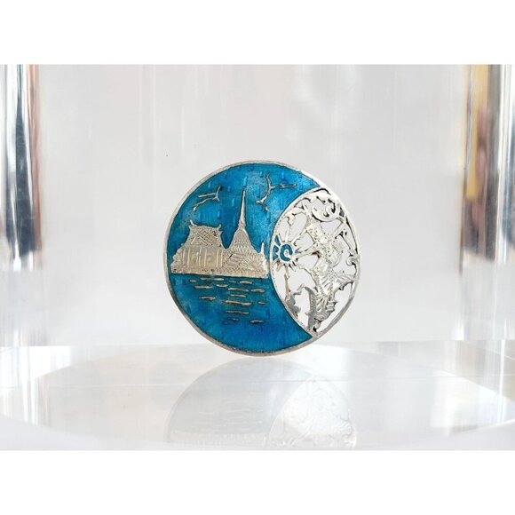 Mekkala Goddess Blue Enamel Siam Sterling Silver 925 Cutout Vintage Brooch - Picture 2 of 9